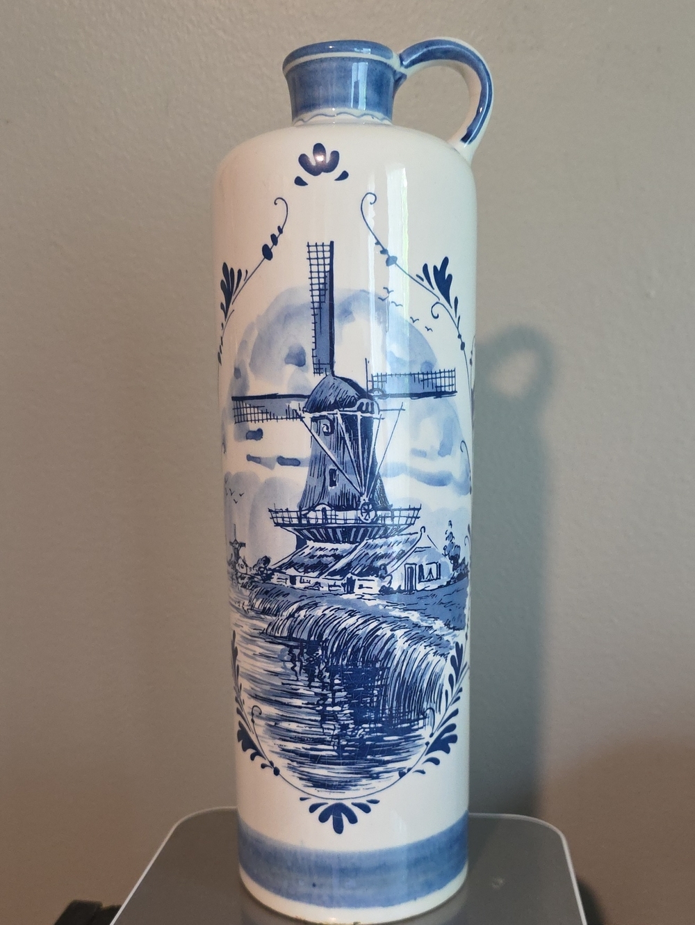 Hand-Painted Delft Blue and White Ceramic Bottle Vase  Made in Holland